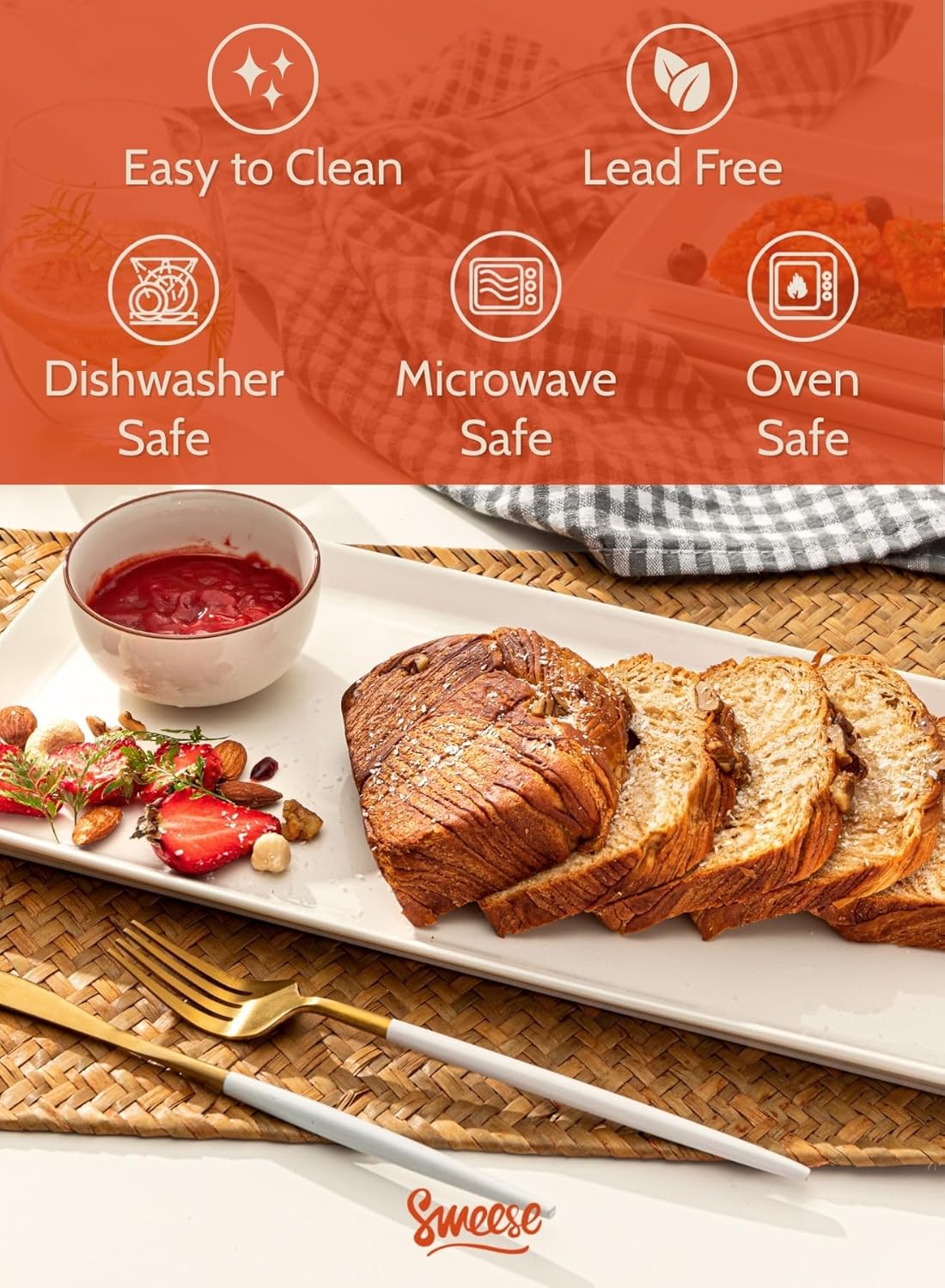 Sweese White Serving Platters, Porcelain Serving Trays for Parties, Large Rectangular Plates - 15.5 Inch, Set of 4