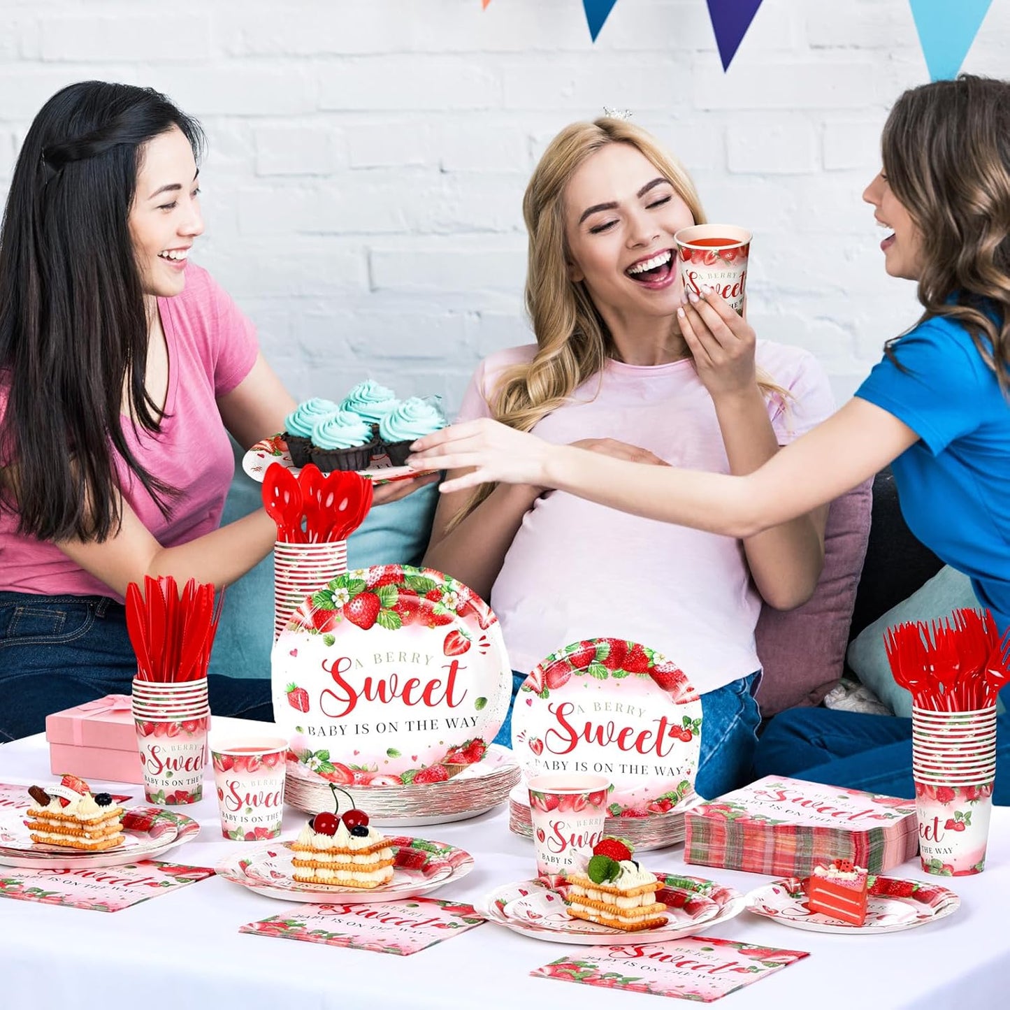 Dandat 350 Pcs Baby Shower Plates Set Baby Shower Party Supplies Serves 50 Tableware Sets Include Plates Napkin Cup Forks Knives Spoons Disposable Dinnerware(Strawberry,Red)