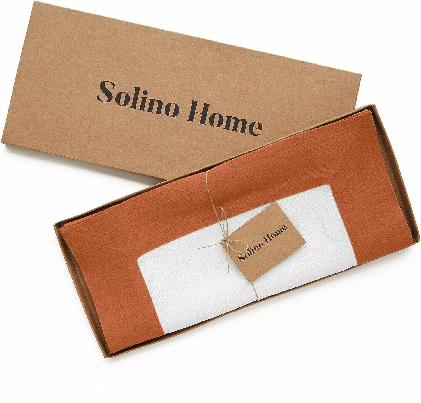 Solino Home Linen Table Runner 48 Inches - 100% Pure Linen Cinnamon and White Small Table Runner 14 x 48 Inch Ideal for Dresser and Coffee Tables - Contempo - Fall, Autumn, Halloween, Thanksgiving