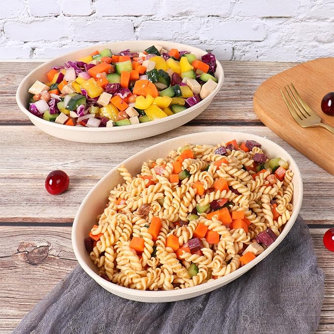 28 oz Oval Disposable bowls with lids,Sugarcane Salad Bowls take away food containers Plant Fibers 50 PACK