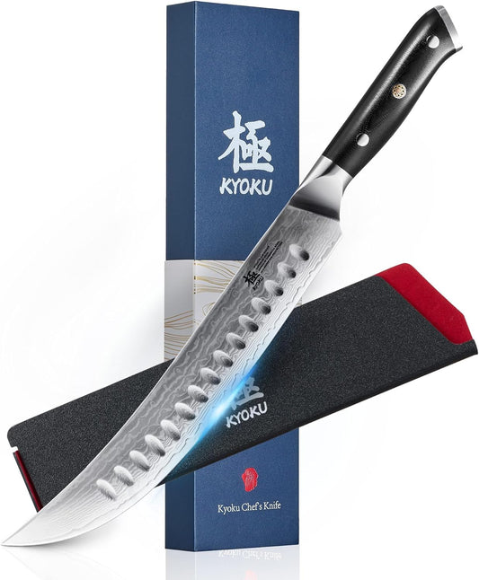 KYOKU 10" Scimitar Knife, Gin Series Cimitar Breaking Knife with Silver PVD Coating Damascus Blade, Japanese VG10 Stainless Steel Butcher Knife, Full Tang Brisket Kitchen Knife with Sheath & Case