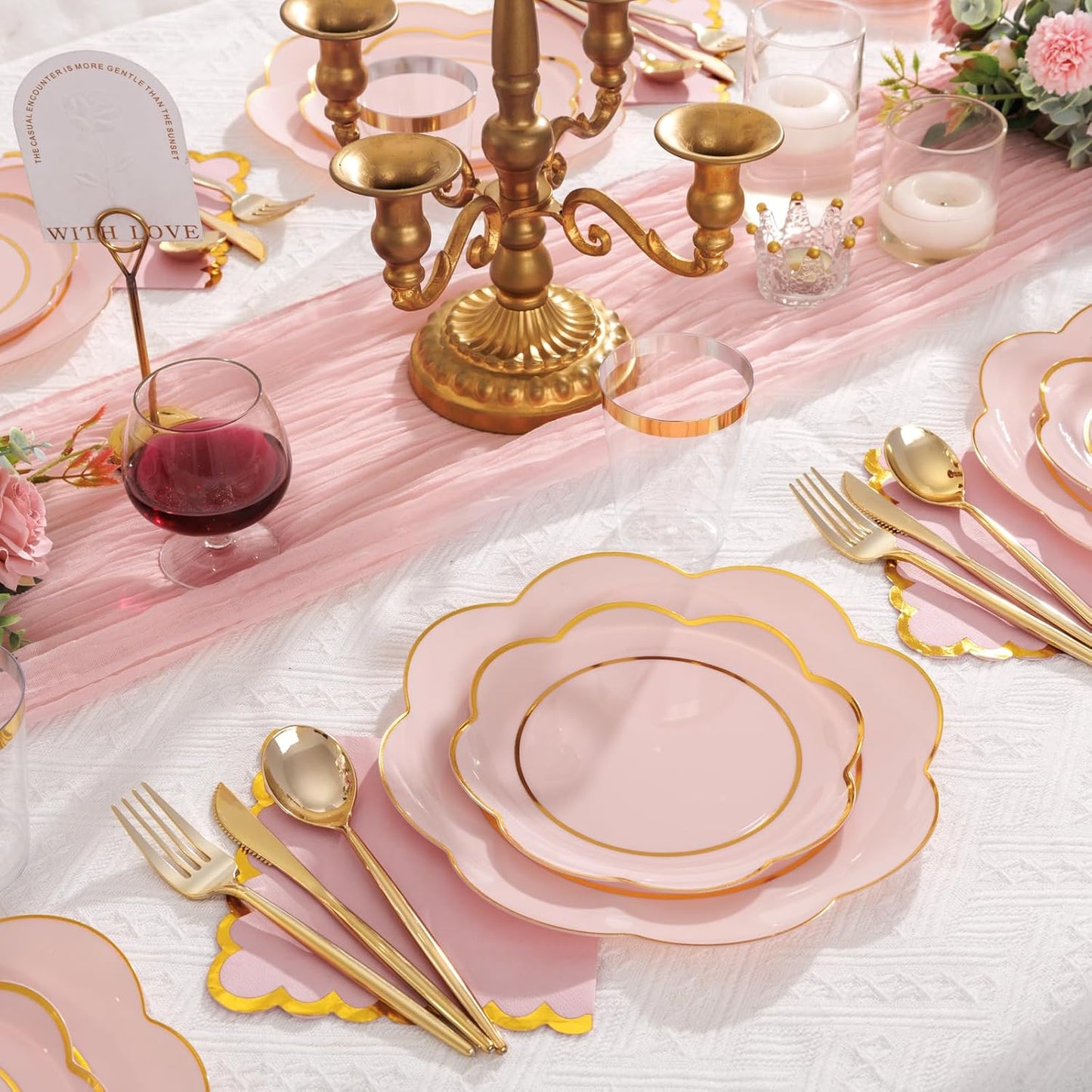 WONDERFUL 350PCS Pink Plastic Plates for Party Plates Disposable Heavy Duty Pink Gold Wedding Plate High End Plastic Dinnerware Sets for 50 Guests - Plate and Cups and Wedding Napkins Sets Large Party