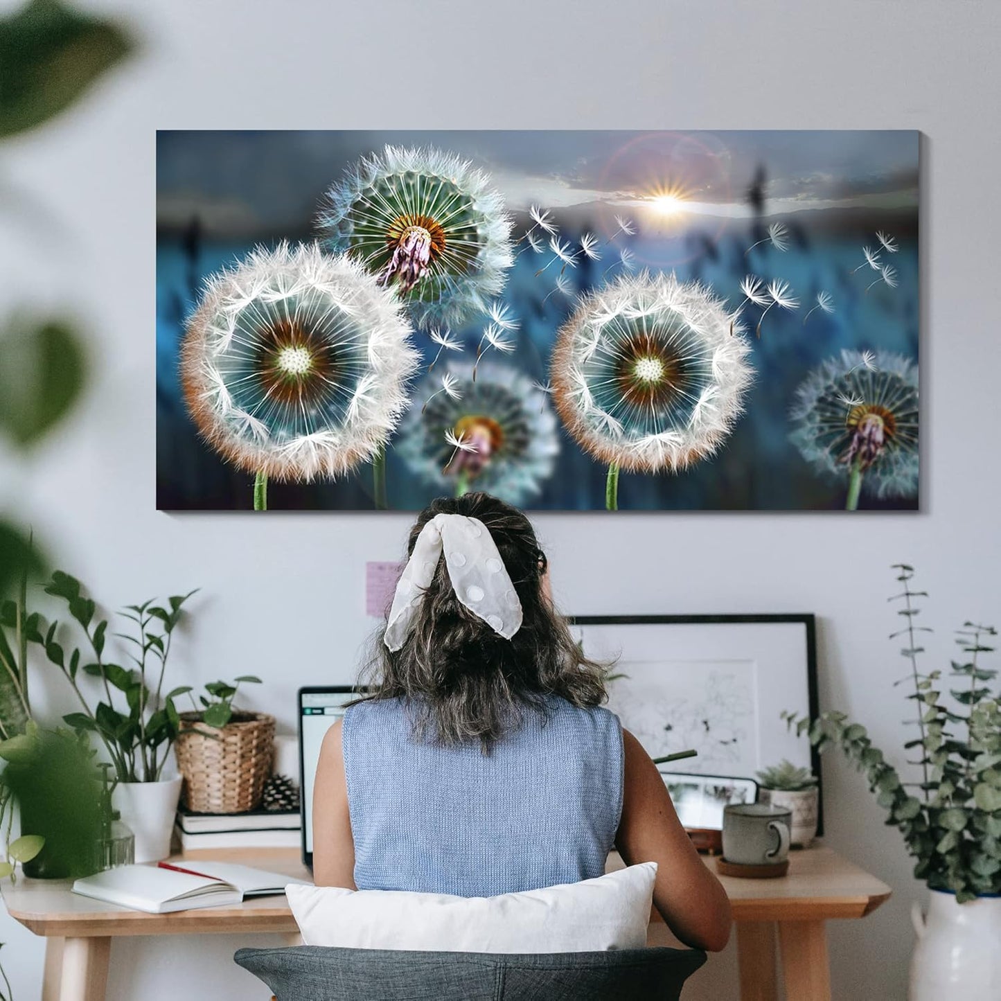 Large Wall Art Dandelion Canvas Art Wall Decor for Living Room White Dandelion Sun Blue Landscape Prints Artwork Modern Framed Wall Art for Bedroom Office Home Decorations Pictures for Bedroom Wall Decor Size 29x58