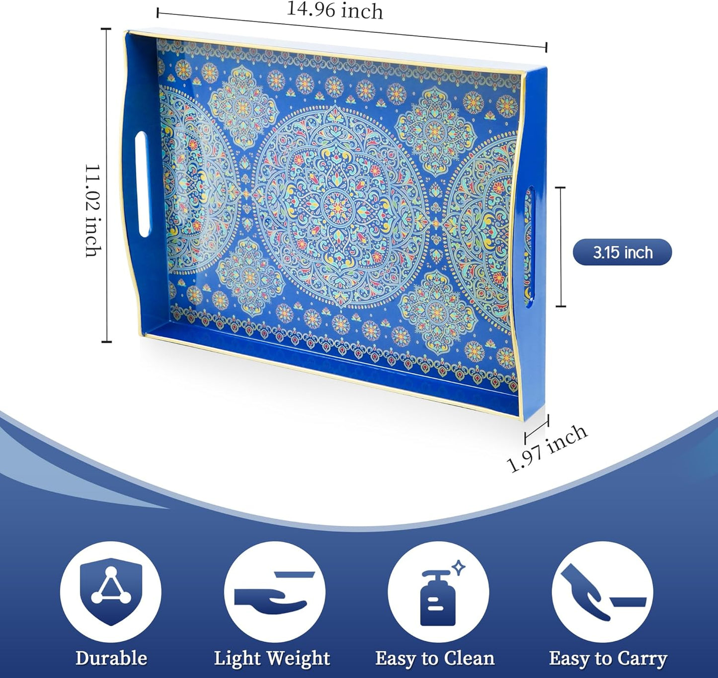 Gifturbo Decorative Tray for Coffee Table with Handles,Plastic Elegant Floral Rectangular Serving Tray for Ottoman,Living Room,Bathroom,Home Decor,Entertaining,2 Handles