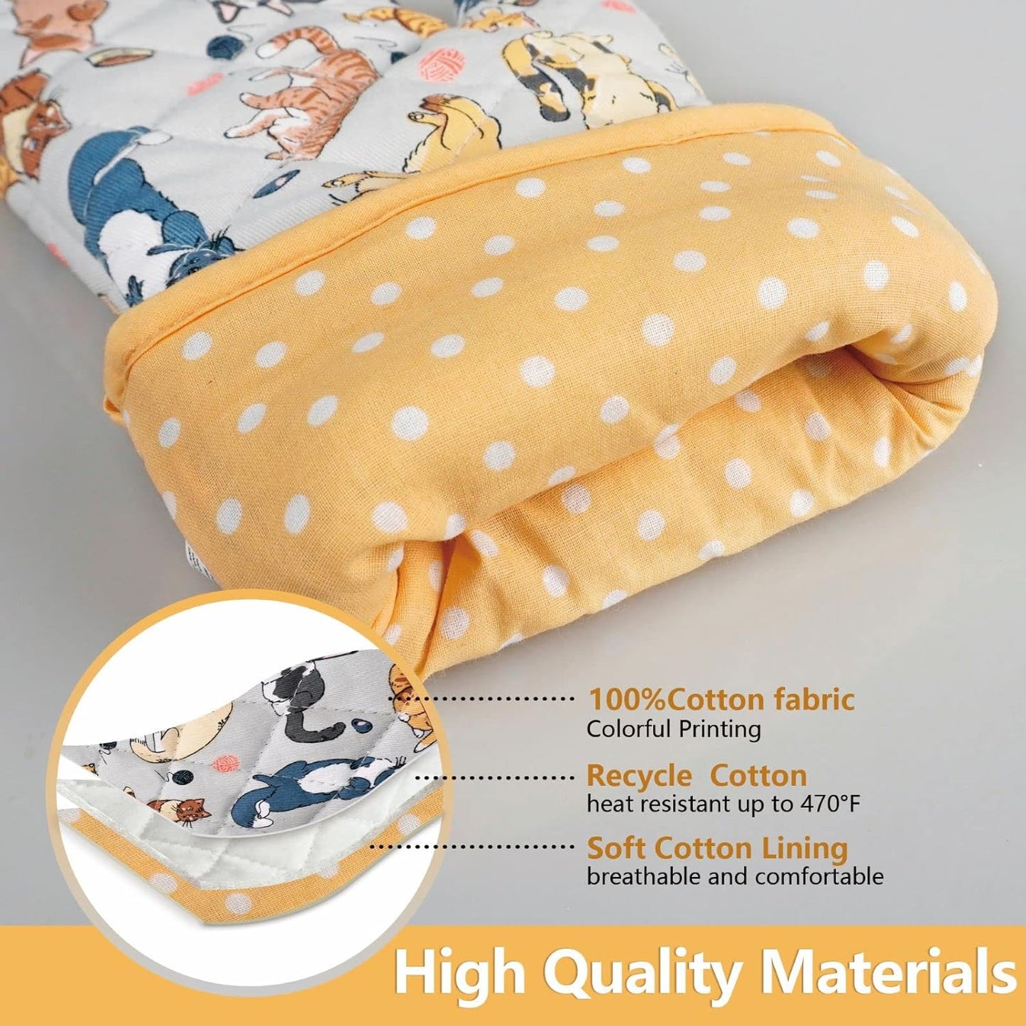 Oven Mitts Cotton Fashion Cute Cat Design 1pair Heat Resistant Oven Gloves Safe Cooking Baking Grilling Barbecue Machine Washable Pot Holders (Cat)