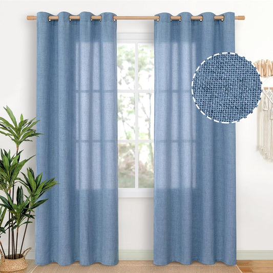 YoungsTex Denim Blue Linen Curtains 84 Inches Length for Living Room 2 Panels - Semi Sheer Light Filtering Window Treatments Drapes with Grommet Privacy for Bedroom Dining Room, 52 x 84 Inch