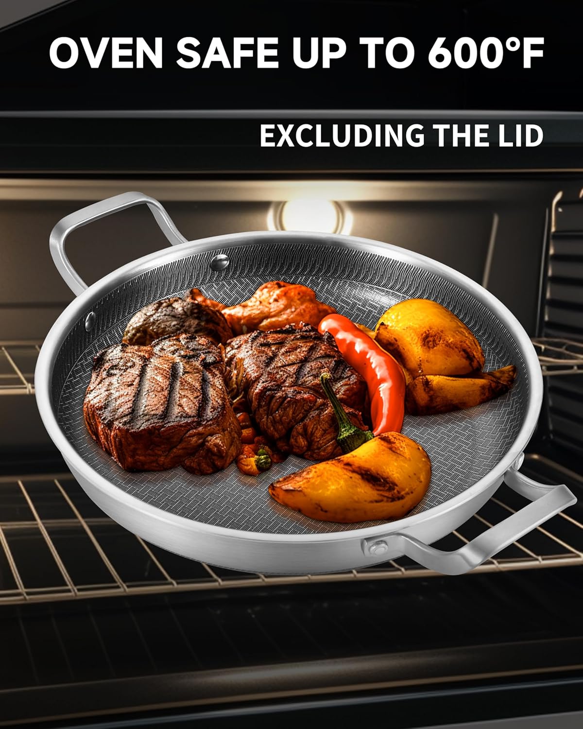 LOLYKITCH 12 In Nonstick Frying Paella Pan with Side Handles & Lid, Ceramic Coating, Tri-ply Stainless Steel, Induction Compatible, PFOA-free, Oven Safe to 600°F, Dishwasher-safe