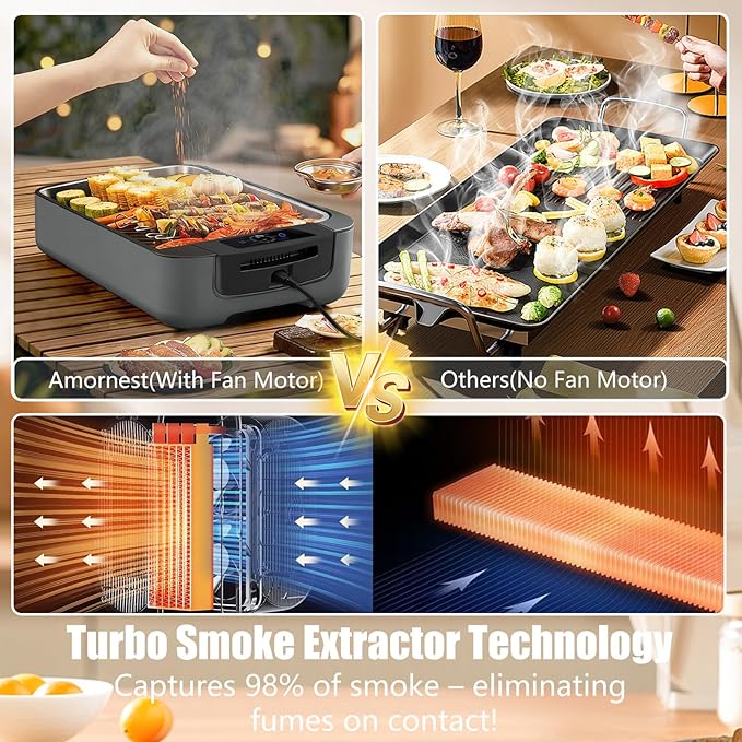 WT-ISG802 Indoor Smokeless Grill – 1100W Electric Grill Indoor with Dual Turbo Smoke Extractor, Dishwasher Safe Plates, Portable and Detachable Indoor Electric Smokeless Grill with Drip Pan