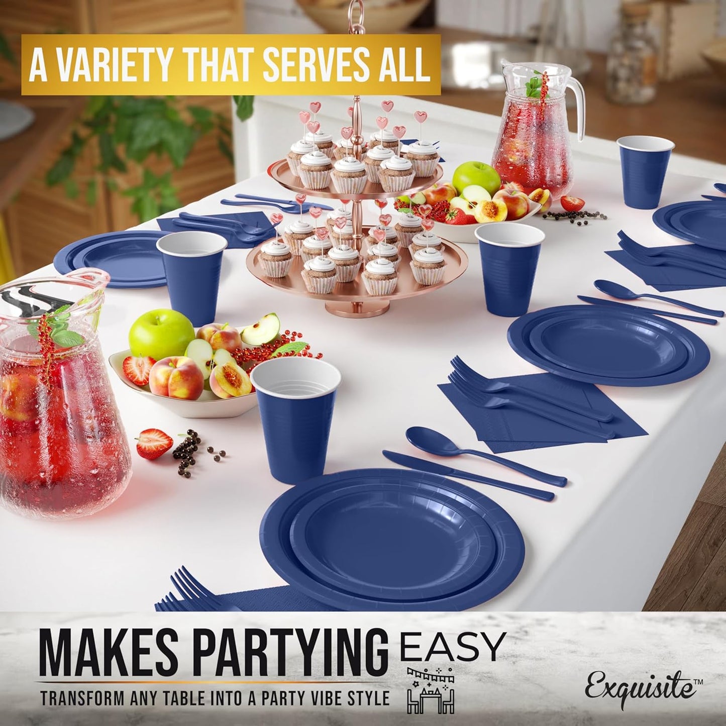 222 Pcs Dark Blue Paper Plates and Napkins Sets, Disposable Plates For Party, Lunch & Cocktail Napkins Paper, 18oz Plastic Cups, Cutlery and Dark Blue Table cloth Plastic Dinnerware Set