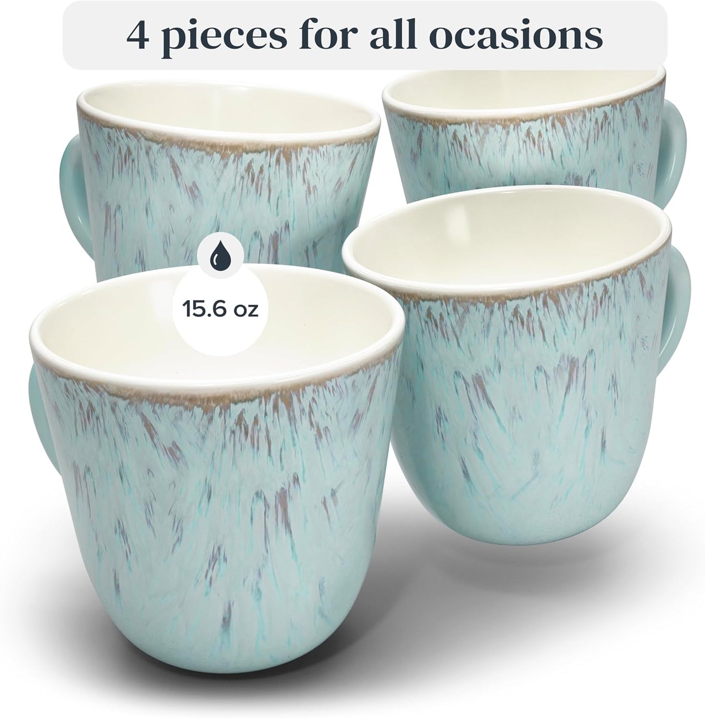 Stoneware Coffee Mug Set of 4, Stylish Modern Beige-Blue Cups, 14.5 Oz Ceramic, Dishwasher and Microwave Safe, Solid Mediteran Set