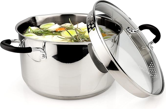 AVACRAFT Stainless Steel Stockpot with Glass Strainer Lid, 6 Quart Stock Pot, Soup & Saucepan Cookware, Side Spouts, Multipurpose, Induction Pan, (5-Ply Capsule Bottom, 6QT)