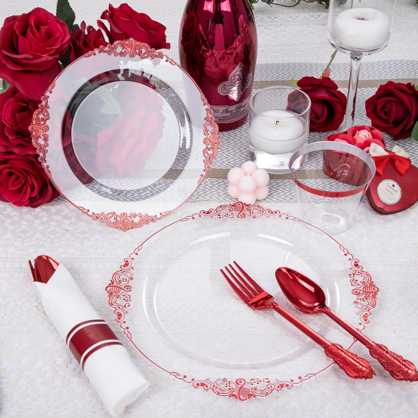 Hioasis 350pcs Clear Red Plastic Plates - Elegant Disposable Dinnerware Set Suitable for 50 Guests Include 10.25" Dinner & 7.5" Dessert Plates, Pre Rolled Silverware Set, Cups for Party & Wedding