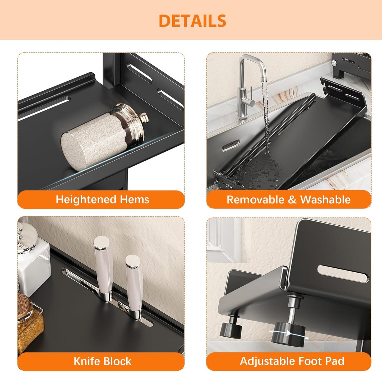 Spice Rack Organizer, 2-Tier Height-Adjustable Kitchen Countertop Spice Organizer Shelf, Metal Rust-Proof Standing Large Spice Racks with Guardrail & Knife Block for Kitchen Storage