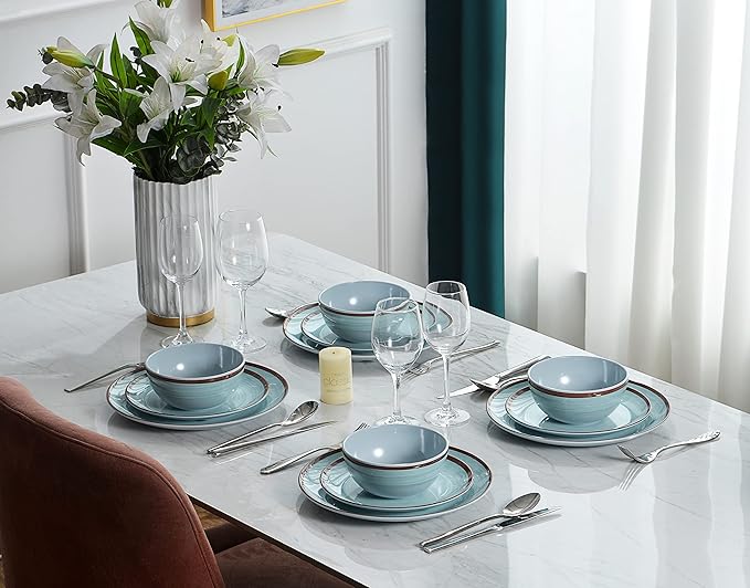 Melamine Dinnerware Set for 4, 12Pcs Dinnerware Sets, Mint Blue Plates And Bowls Sets Morden Dish Set Dishwasher Safe BPA Free(Green)
