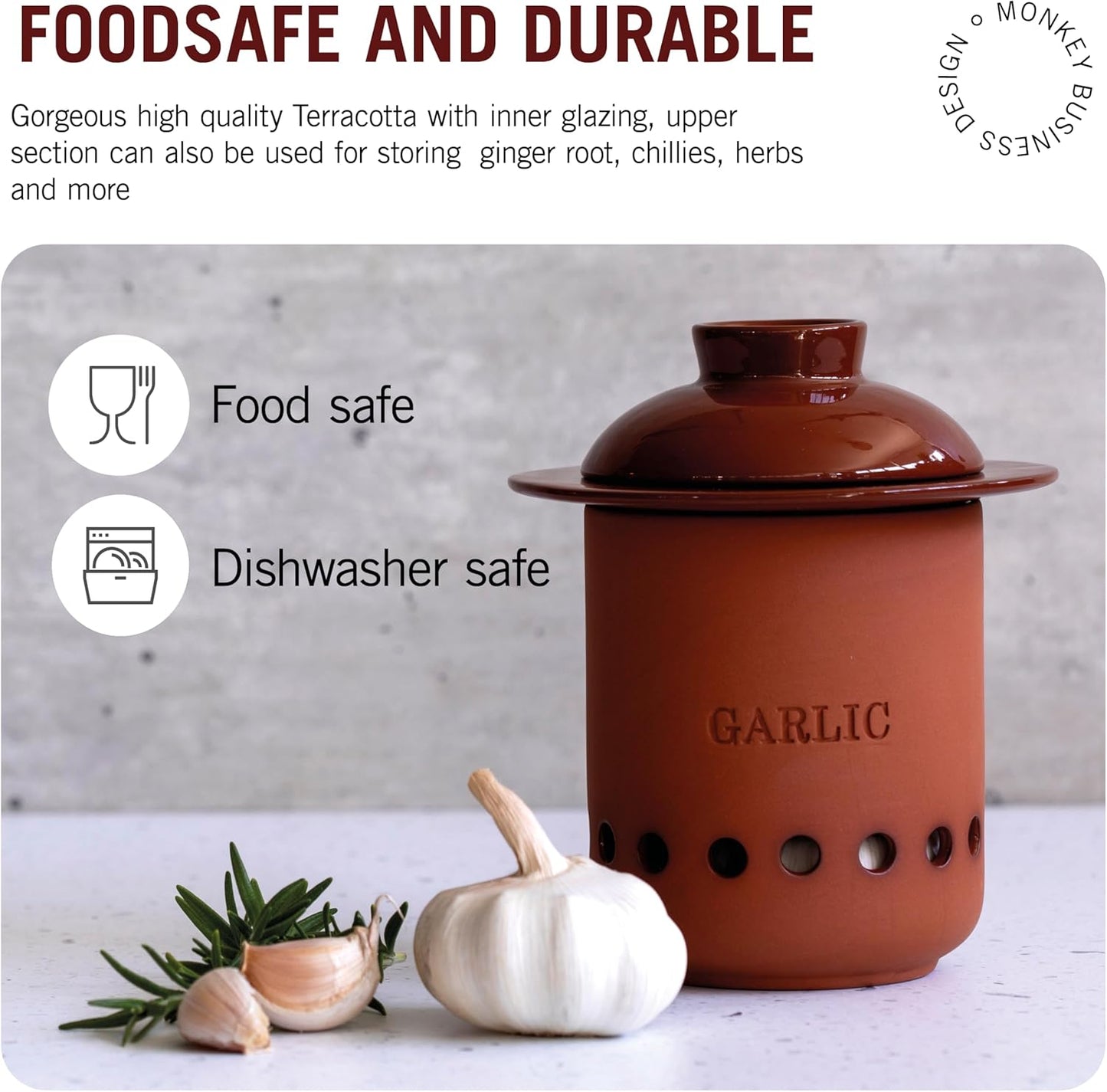 Monkey Business – Garlic Keeper – Terracotta Garlic Storage Container with Separate Ventilated Compartments for Whole Bulbs & Loose Cloves – Garlic Holder That Keeps Garlic Fresh & Kitchen Organized