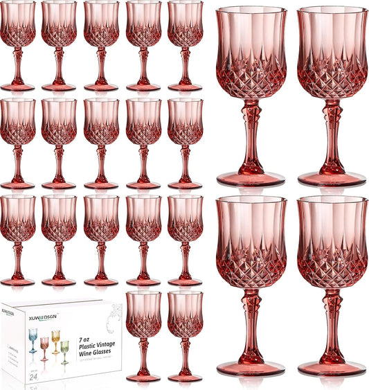 XUWAIDSGN 7oz Plastic Vintage Rose Gold Drinking Glasses Pink Wine Glasses Unbreakable Wedding Glassware Crystal Water Goblets Reusable Drinkware Vintage Champagne Flutes (24, Rose Gold)