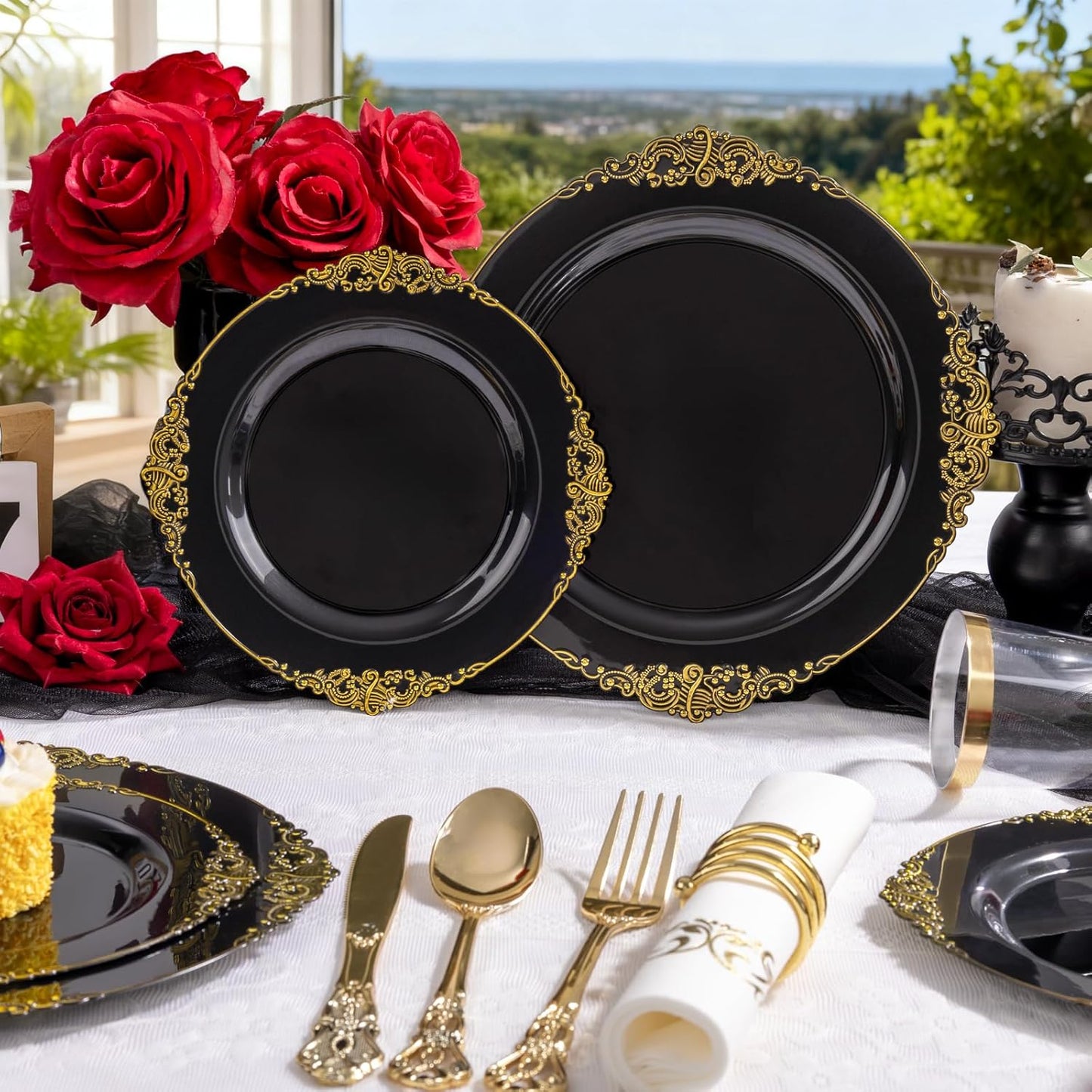 YOUBET 700PCS Black Plastic Plates - Black and Gold Plates - Gold Plastic Dinnerware Set Include 200 Disposable Plate, 300 Heavy Duty Silverware, 100 Cups, 100 Napkins for Wedding & Party & Halloween