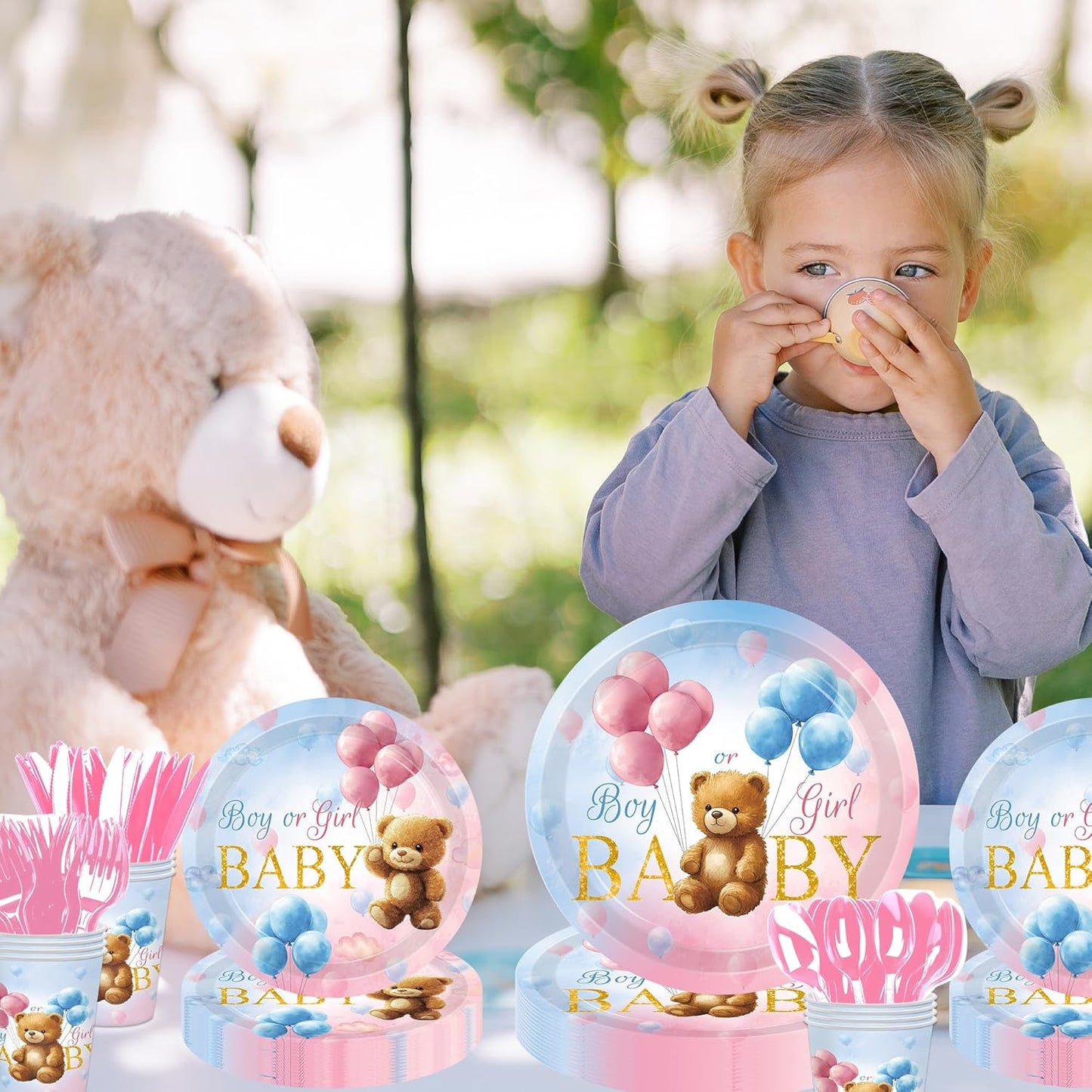 140 Pcs Bear Gender Reveal Decorations Plates Cups and Napkins Sets Boy Or Girl Gender Reveal Decorations Serves 20