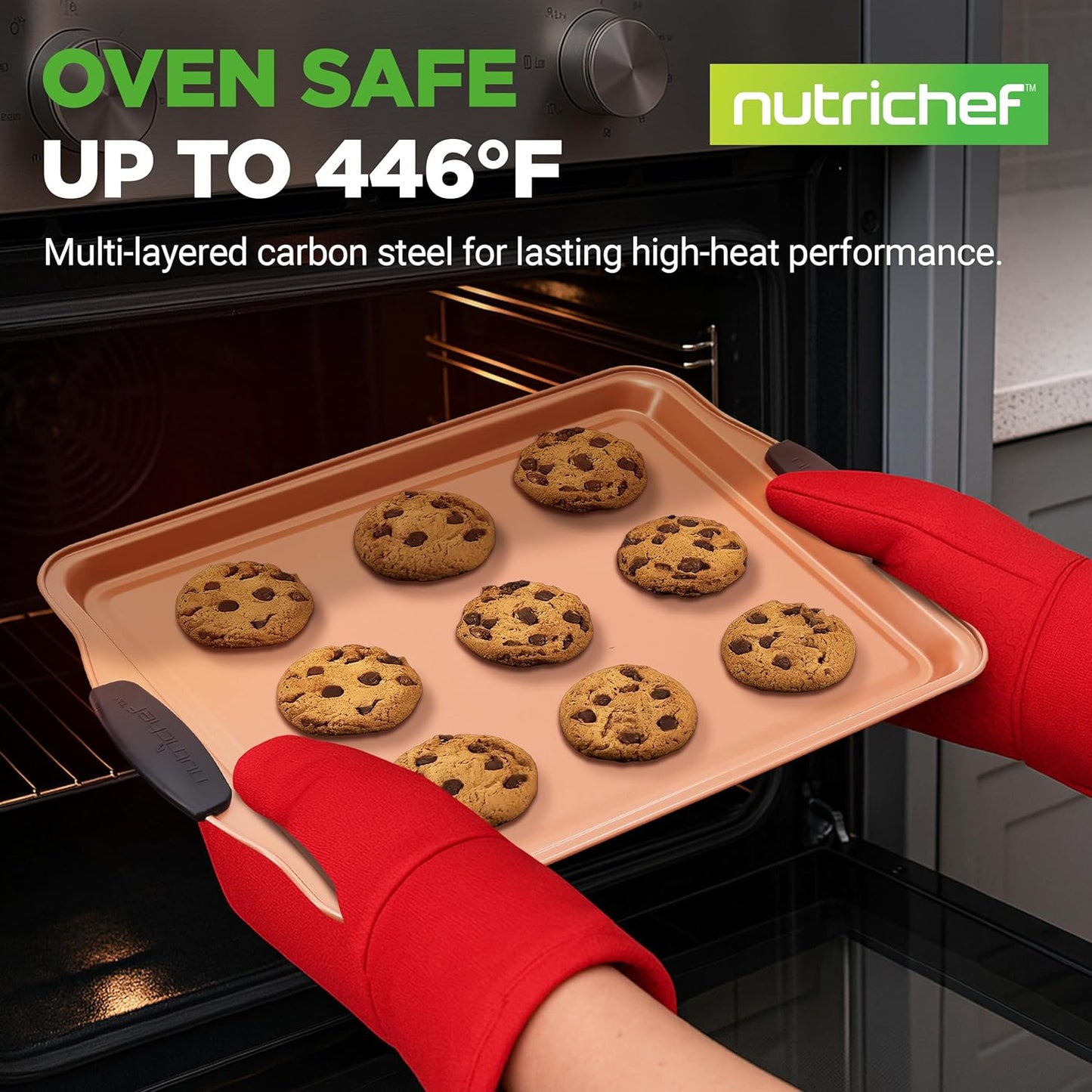 NutriChef 3 Piece Cookie Sheets for Baking - PFOA, PFOS, PTFE Free Nonstick Carbon Steel Bakeware Set - Home Kitchen Bake Pan Cookie Sheet Stackable Baking Sheet w/Black Silicone Handles NCSBS3S45