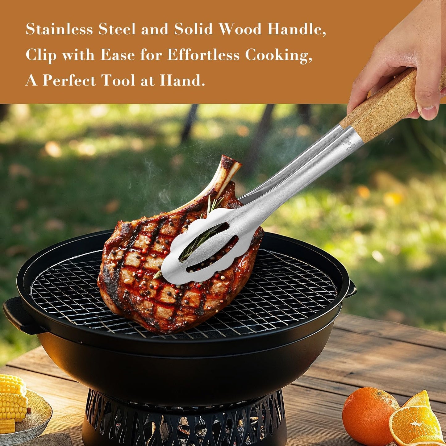 KULUNER Stainless Steel Barbecue Tongs with Solid Wood Handle, Kitchen Metal Locking Design, Extra Long 17.5 Inches 700 Degrees, Suitable for Food Cooking, Salad and Outdoor Grilling(Beechwood)