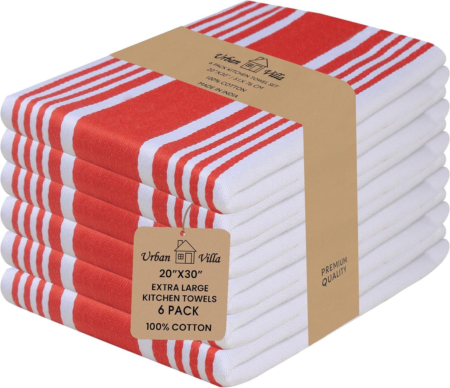 Urban Villa Kitchen Towels 100% Cotton Pack of 6, Highly Absorbent Quick Drying Super Soft Premium Dish Towels for Kitchen with Hanging Loop Hand & Tea Towels - 20x30 Inch, (Red & White, Striped)