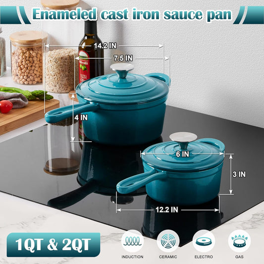 E-far Sauce Pan Set with Lid, 1Qt & 2Qt Enameled Cast Iron Pot Sets for Kitchen Cooking, Small Heavy Duty Dutch Oven Saucepans & Self-basting Lids, Induction-Ready & Easy Clean, Green