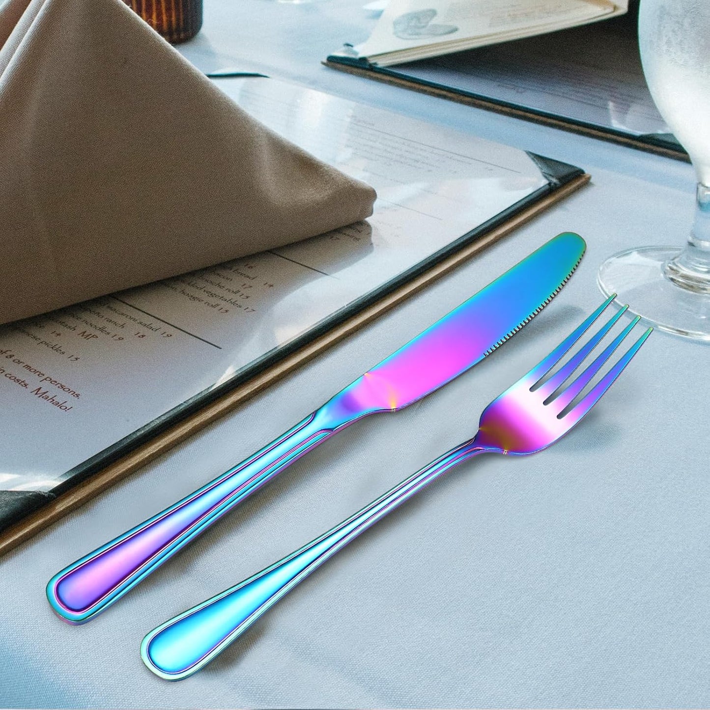 Colorful Forks Spoons Knives Silverware Rainbow Flatware Set for 4 Kitchen 20 Pieces Stainless Steel Cutlery Modern Eating Utensils Double Line Edges Handle