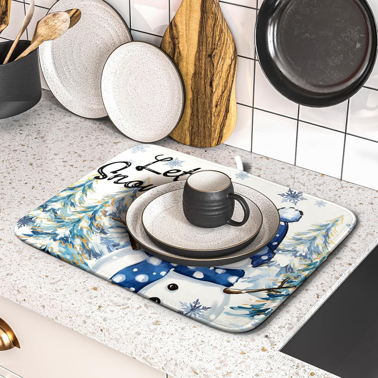 Hello Winter Dish Drying Mats 16x18 Inch, Xmas Holiday Snowman Pine Trees Snowy Seasonal Washable Microfiber Drainer Rack Absorbent Pad Kitchen Counter Coffee Bar Protector