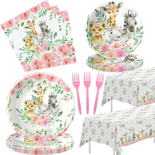 Jungle Theme Party Supplies Tableware Girl - Safari Birthday Decorations Dinnerware, Plate, Napkin, Tablecloth, Fork, Pink Safari Jungle Animal Baby Shower Birthday Party Supplies | Serve 24