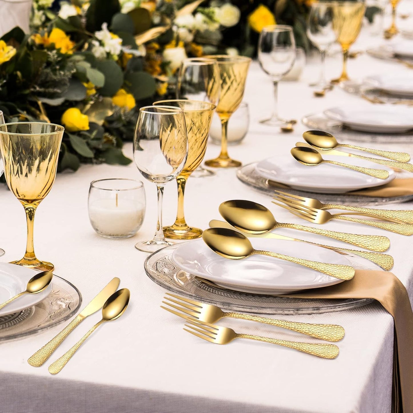 Hammered Silverware Set Gold Flatware Stainles Steel 40 Piece Vintage Eating Utensils Service 8 People include Forks Spoons Knives For Home Kitchen Restaurant Parties