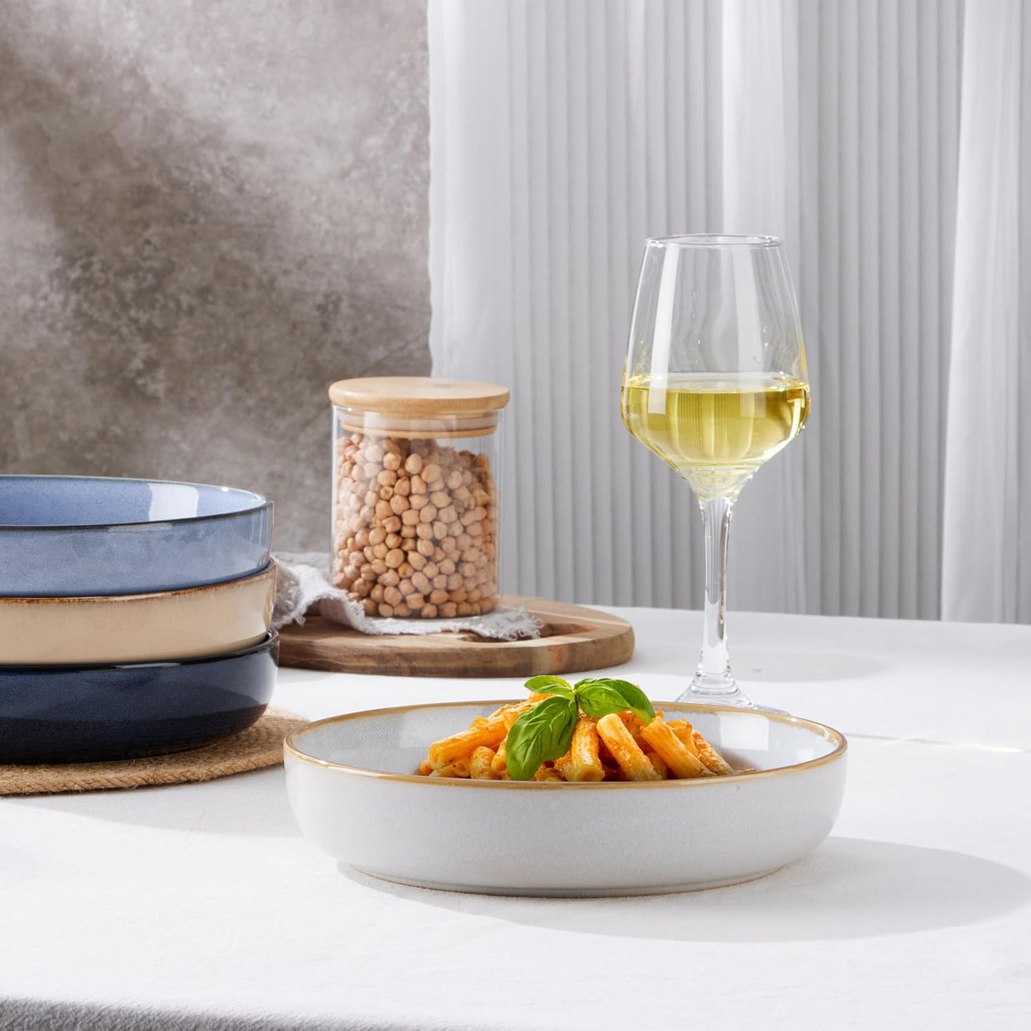 E-far Pasta Bowls Set of 4-35oz Double Reactive Ceramic Large Serving Salad Bowls, Wide & Shallow Stoneware Pasta Plates for Salad, Soup, Dinner| Dishwasher & Microwave Safe | Multicolor