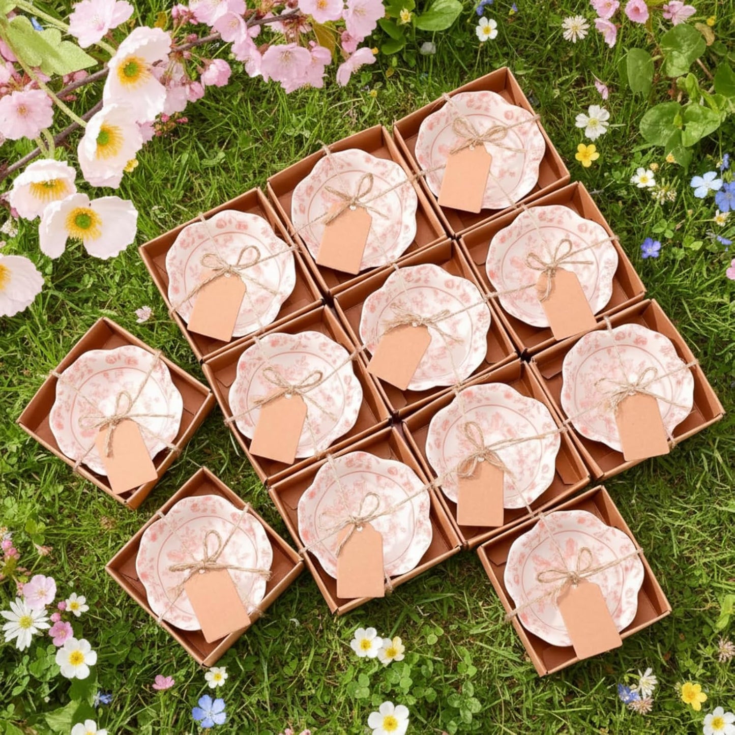 12 Pcs Wedding Favors for Guests Small Ceramic Bowl Bulk Gifts Set 3.3 Inch Floral Design Mini Dipping Bowl Sauce Dish with Cards Box for Bridal Baby Shower Birthday Guest Gift (Pink)
