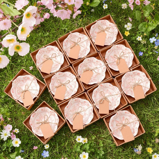 12 Pcs Wedding Favors for Guests Small Ceramic Bowl Bulk Gifts Set 3.3 Inch Floral Design Mini Dipping Bowl Sauce Dish with Cards Box for Bridal Baby Shower Birthday Guest Gift (Pink)