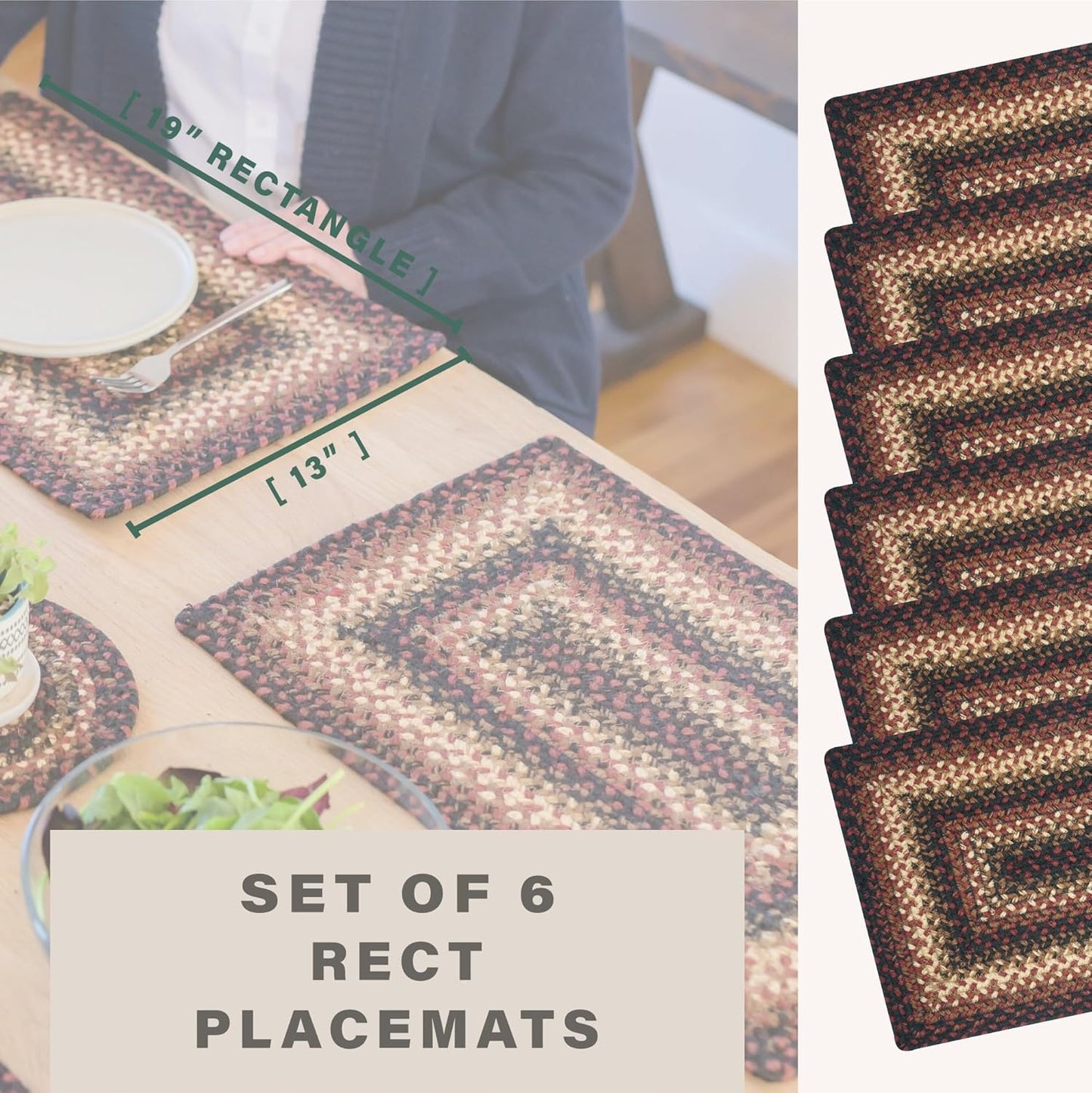 Homespice Prescott Jute Woven Round Placemats Set of 6, 15", Country Primitive Decor, Black and Red Table Mats - Vibrant Colors, Durable, Easy to Clean and Protects Furniture