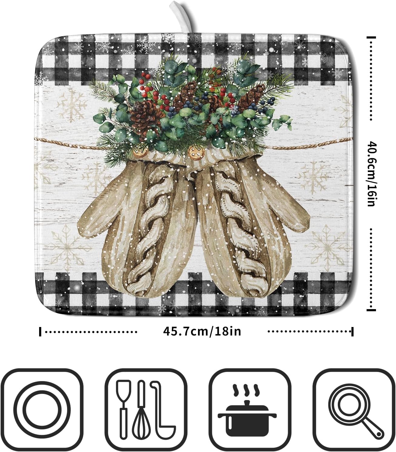 Christmas Dish Drying Mat for Counter 16'' X 18'', Black Buffalo Plaid Snowflake Gloves Dish Drainer Mats Medium Absorbent Fast Dry Microfiber Rack Pads Kitchen Accessories