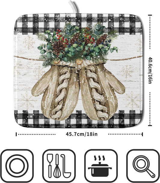 Christmas Dish Drying Mat for Counter 16'' X 18'', Black Buffalo Plaid Snowflake Gloves Dish Drainer Mats Medium Absorbent Fast Dry Microfiber Rack Pads Kitchen Accessories