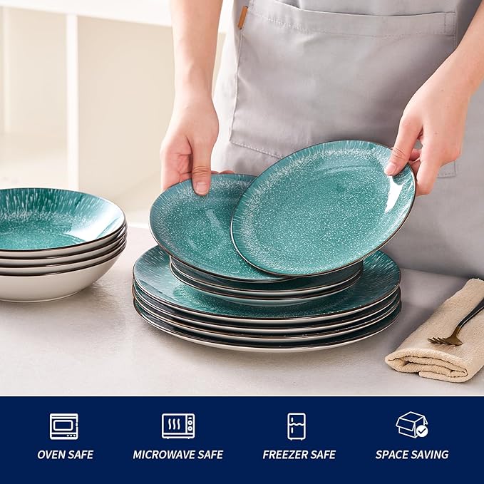 Bestone Plates and Bowls Sets,12 Pieces Round Porcelain Dinnerware Sets,Dishes, Plates, Dishware Sets,Chip Resistant Ceramic Dish Set Dining Dinner Ware Service for 4,New green