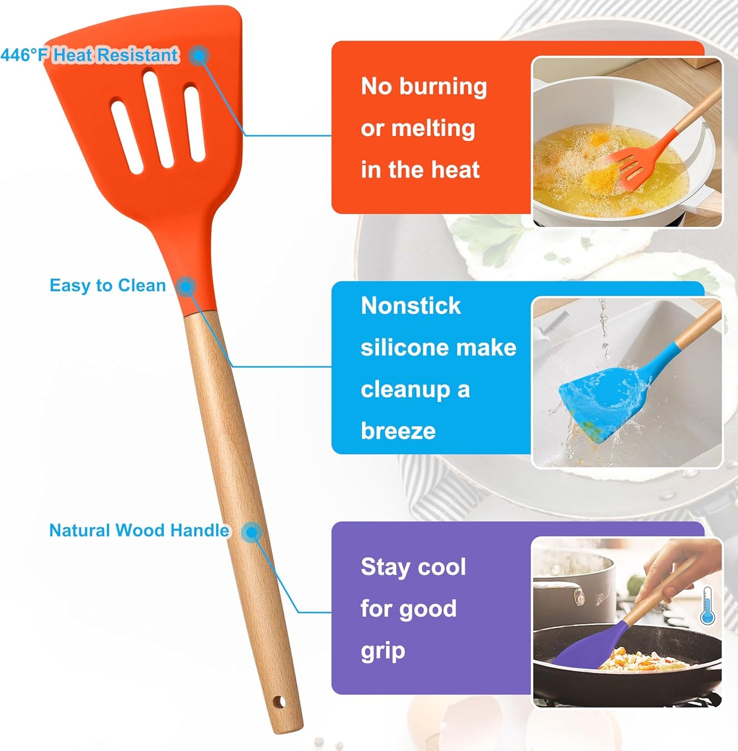 E-far Silicone Cooking Utensils Set, 5-Piece Kitchen Utensils Set with Wooden Handle for Cooking, Silicone Kitchen Nonstick Tools Spatula Turner Slotted Spoons, Nontoxic & Heat Resistant-Colorful