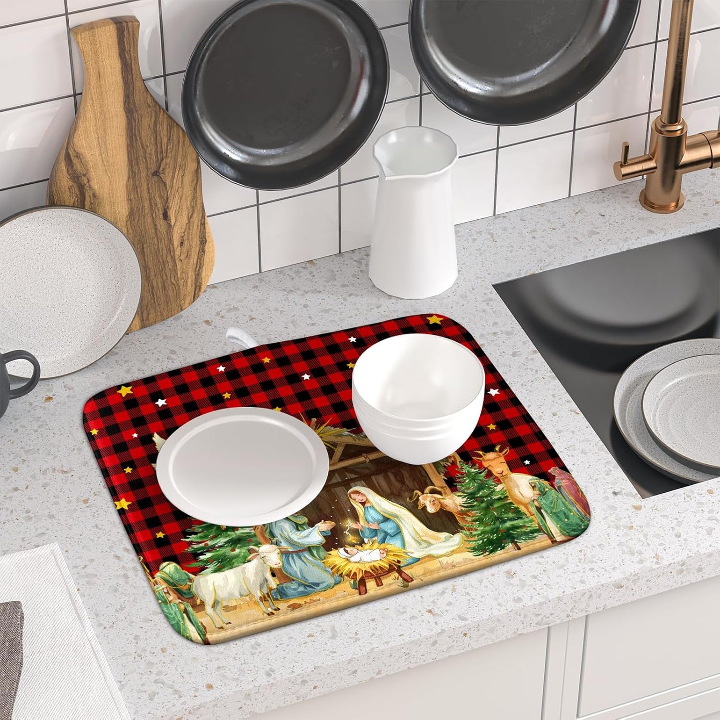 Christmas Dish Drying Mats for Kitchen Counter Xmas Nativity Scene Red Black Buffalo Plaid Absorbent Microfiber Dishes Mat Drying Pad with Loop for Home Countertops,16 x 18 Inches