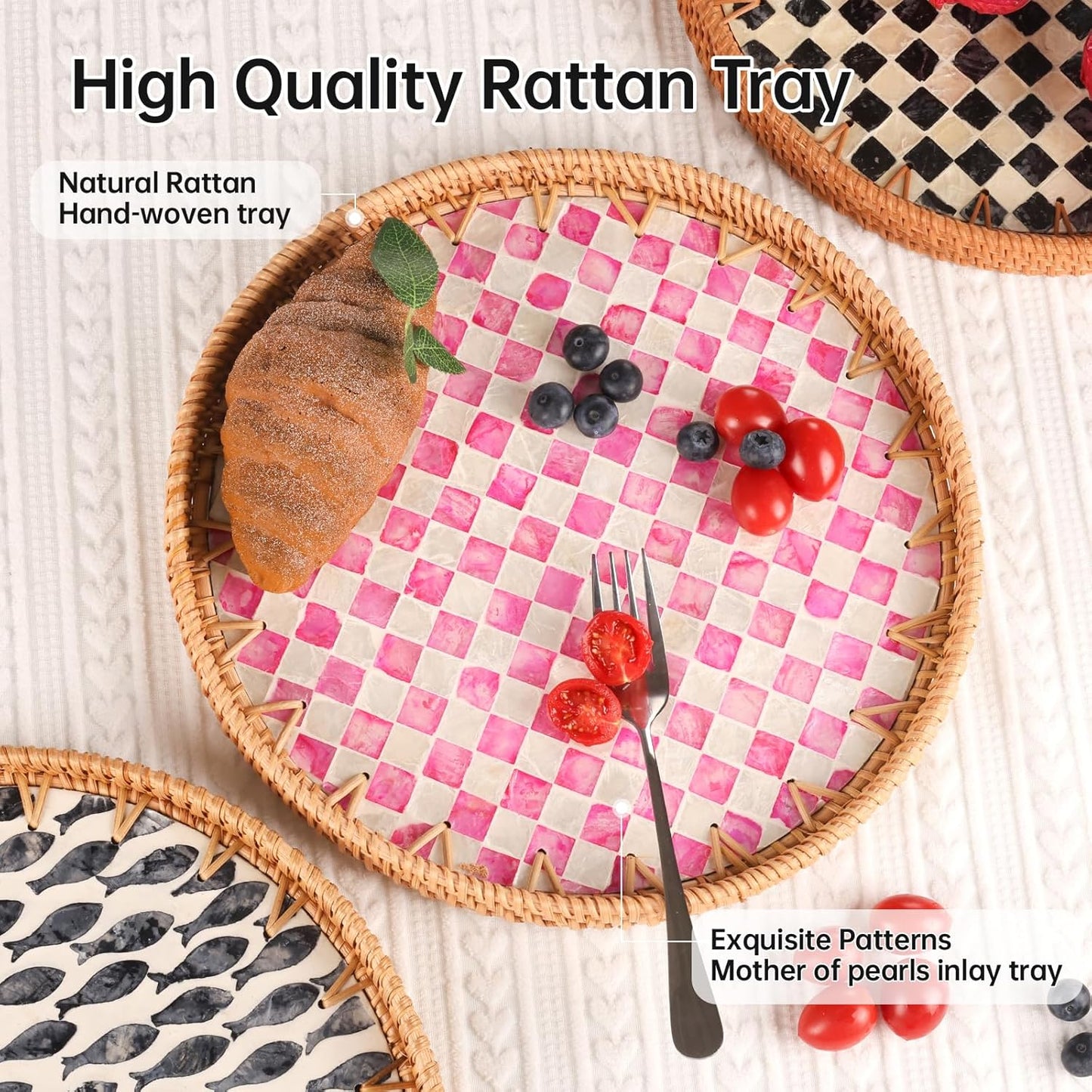 Round Rattan Tray with Mother of Pearl Inlay, Rattan Serving Tray for Coffee, Bread, Fruits, Decorative Wicker Tray for Table Decor, Home Decor, Kitchen Island Decor(Pink Checkerboard, 11.8")