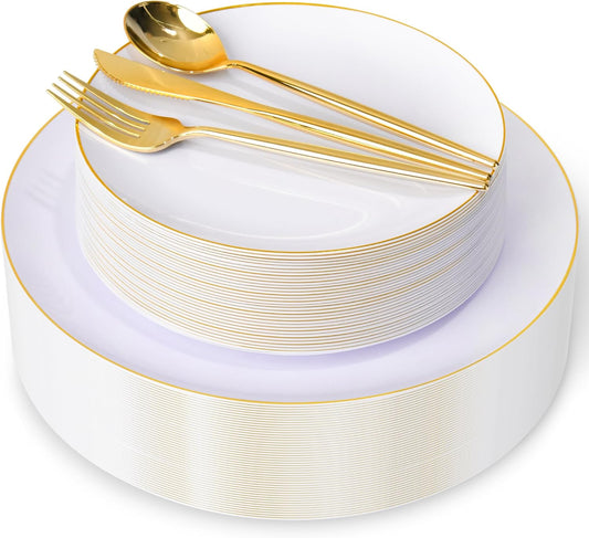 I00000 150PCS White and Gold Plastic Plates with Disposable Silverware for 30 Guests,White Plastic Plates Set Include 30 Dinner Plate,30 Dessert Plate,90 Gold Cutlery for Wedding & Party