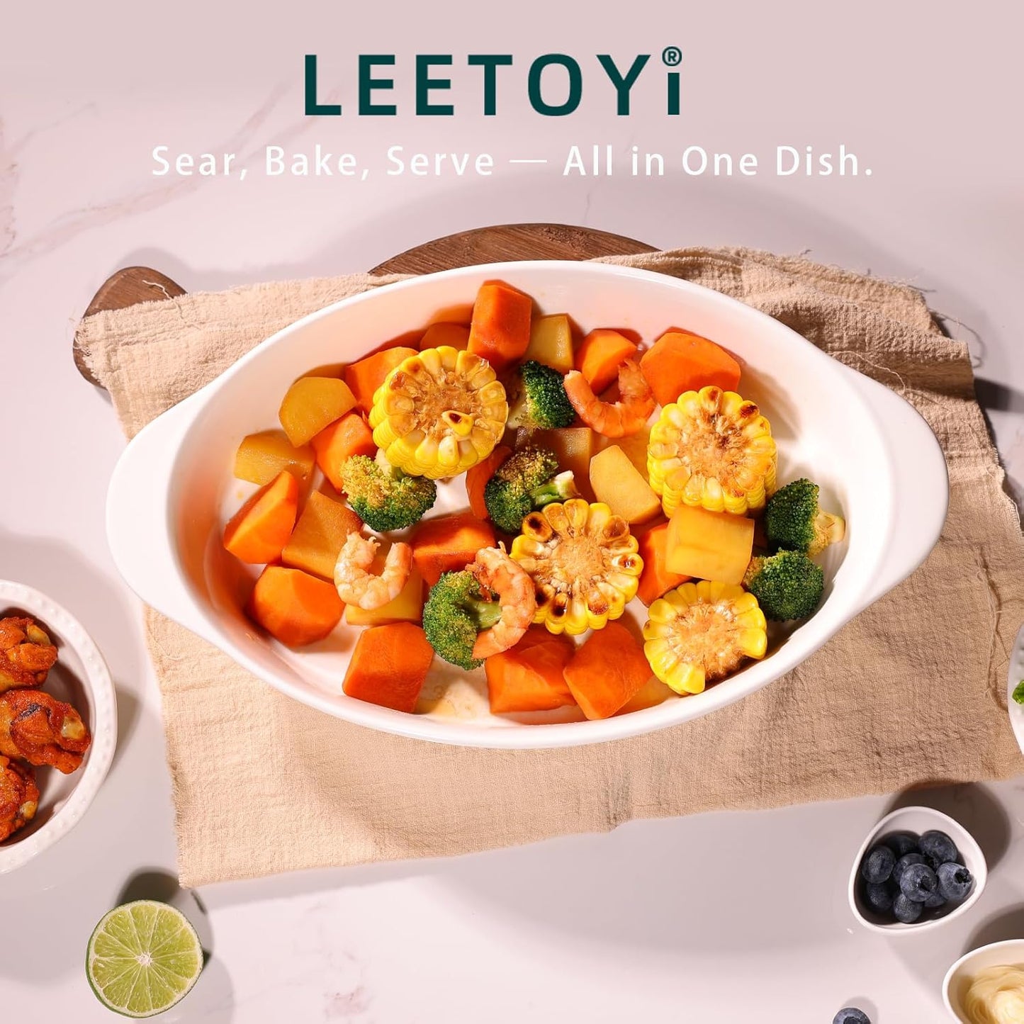 LEETOYI Porcelain 9x13 Large Oval Au Gratin Pans,Baking Dish for Servings, Bakeware with Double Handle for Kitchen and Home, White