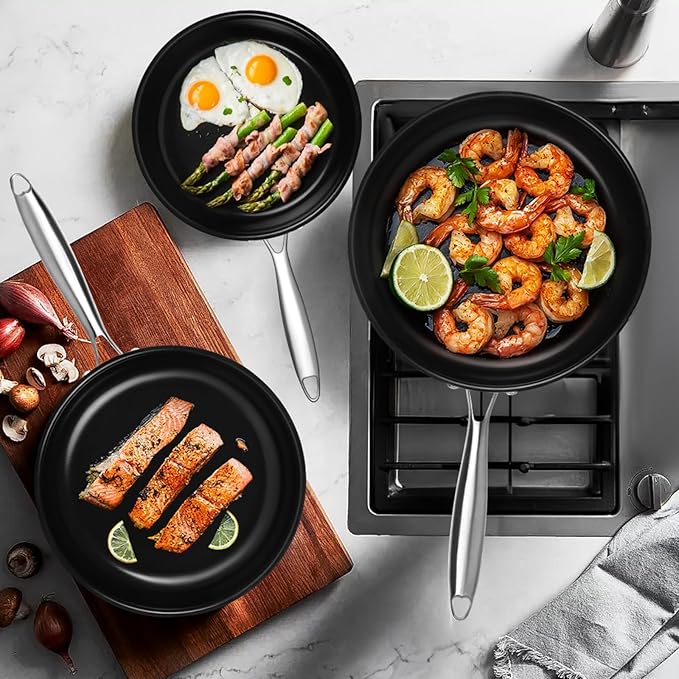 Innerwell Stainless Steel Frying Pan Set, Titanium Ceramic 10” and 12” Non Stick Frying Pan Skillet Set with Lids, No Toxic Nonstick Egg Omelet Cooking Pan Set, Induction Compatible, PFAS&PTFE Free