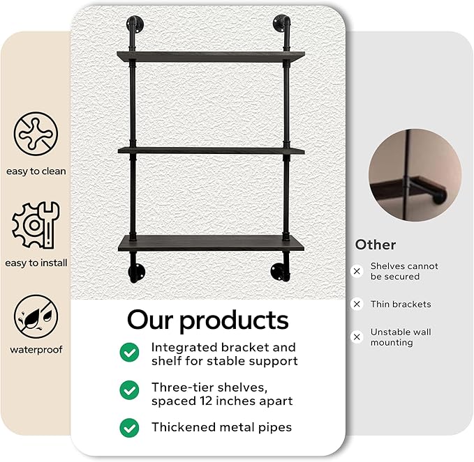 3-Tier Industrial Pipe Floating Shelf – Rustic 36 inch Wood Wall-Mounted Storage Shelf for Kitchen Office,Bathroom & Home Decor -Black