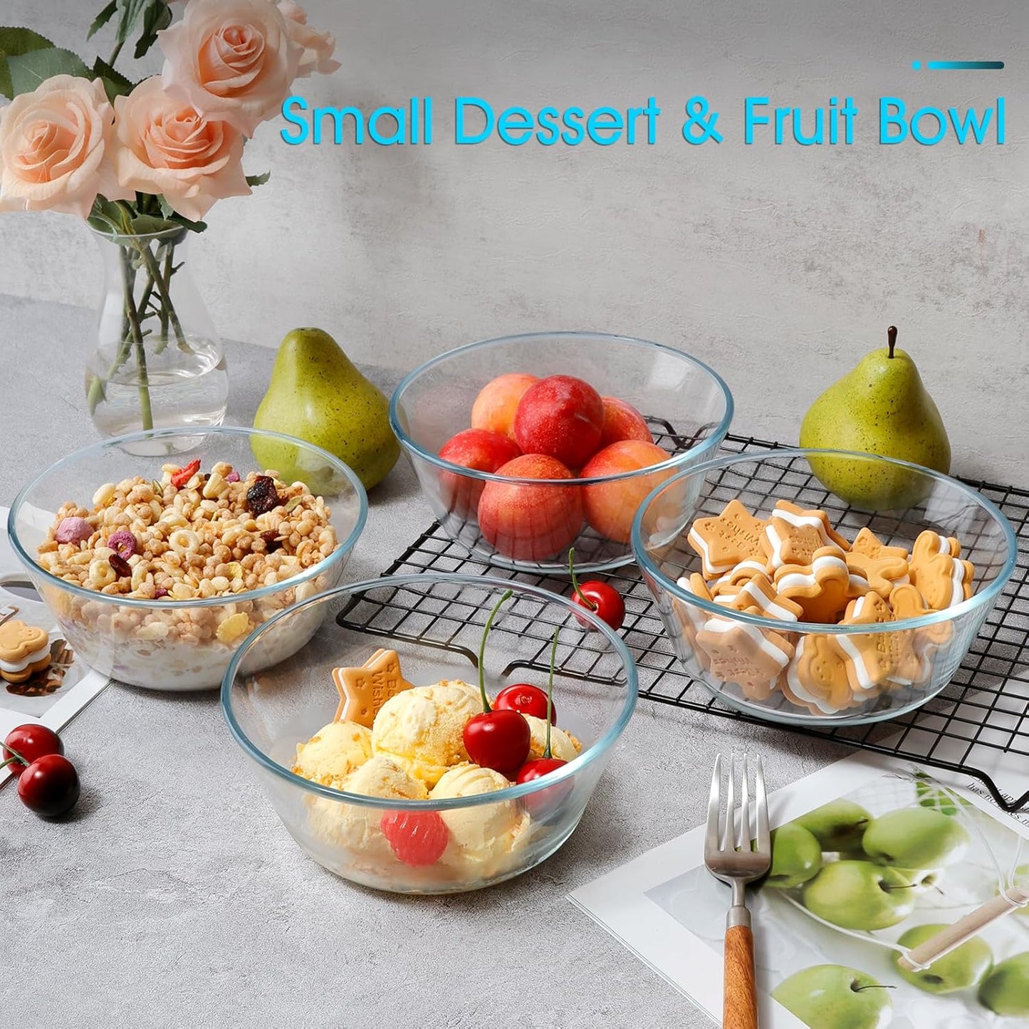 NUTRIUPS 25oz Flat Bottom Small Glass Bowls Set of 4, 6in Clear Glass Cereal Bowls, 0.8L Shallow Glass Bowl for Kitchen, Microwave and Oven Safe