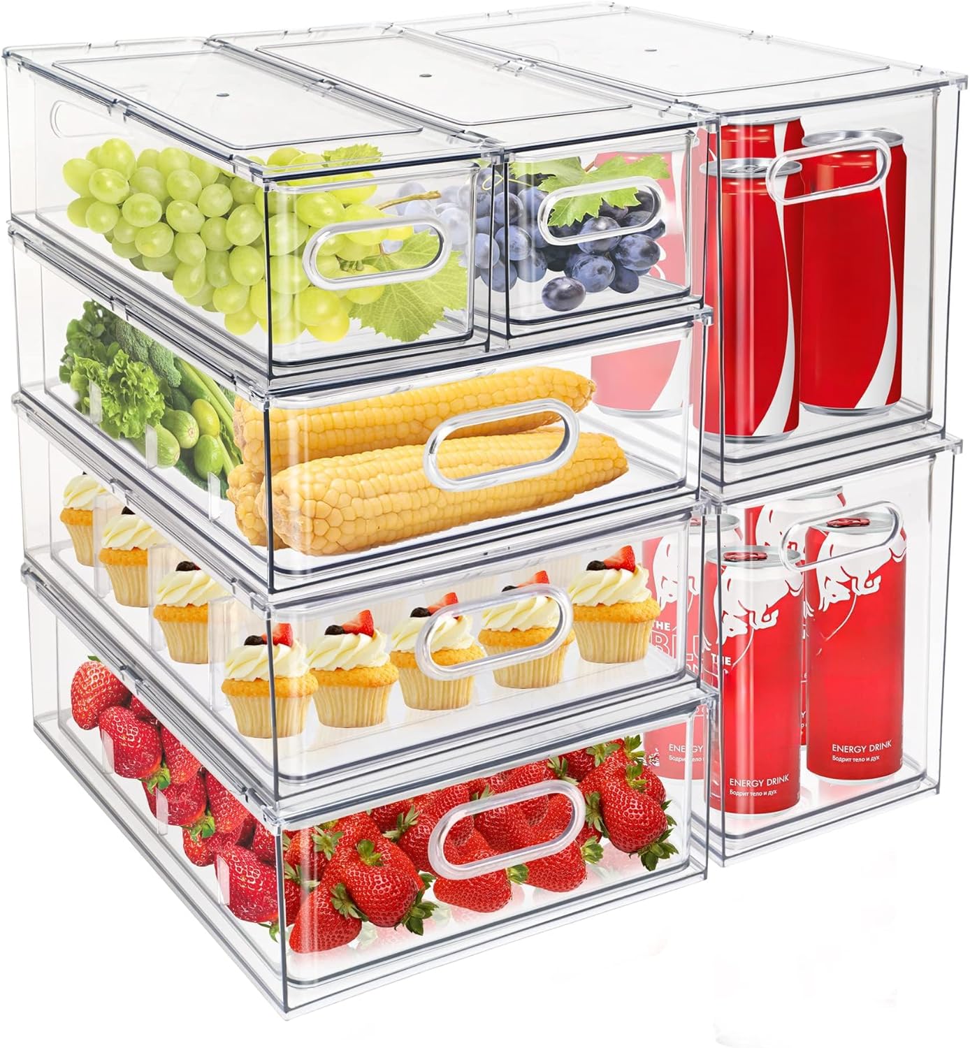 Mano Stackable Fridge Drawers Pull Out Bins with Handle Clear Refrigerator Drawers Organizer Food Storage Container Box with Dividers Plastic Produce Saver for Pantry, Cabinet, Kitchen, Clothes（7Pack）