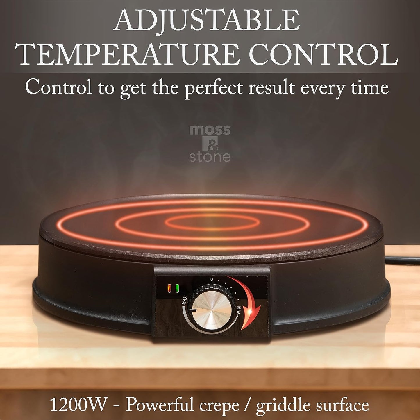 Moss & Stone 12” Electric Griddle Pan & Crepe Machine, Non-Stick Electric Crepe Maker with Adjustable Temperature, Includes Spreader & Spatula – Ideal for Pancakes, Blintzes & Tortillas