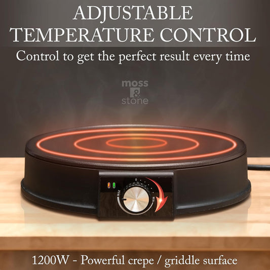 Moss & Stone 12” Electric Griddle Pan & Crepe Machine, Non-Stick Electric Crepe Maker with Adjustable Temperature, Includes Spreader & Spatula – Ideal for Pancakes, Blintzes & Tortillas