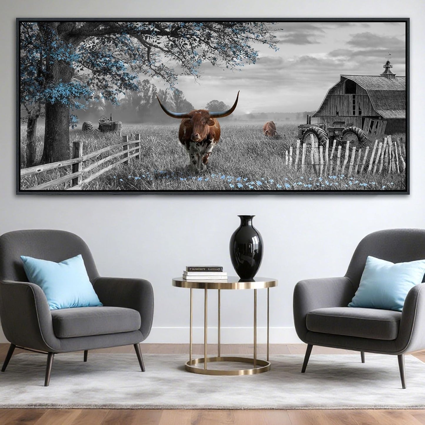 yiijeah Rustic Wall Art - Western Home Decor Cow Picture 86x39 Inches Extra Large Rustic Longhorn Living Room Bedroom Canvas Framed Artwork Farmhouse Wall Decor