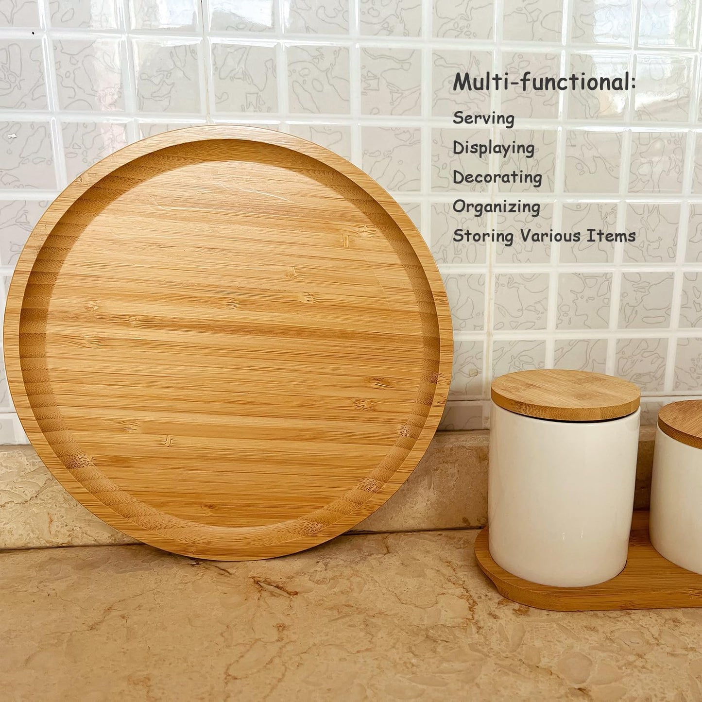 Wood Vanity Tray, Bathroom Counter Solid Walnut Organizer, Toilet Tank Top Wooden Serving Plate for Dinner Tea Coffee (Natural Bamboo Color, 9.8 x 9.8 inch)